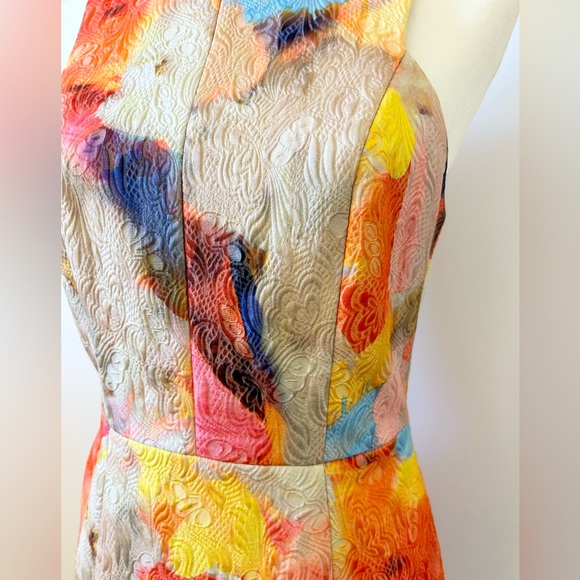 H&M Multi-Coloured, Pink, Yellow, Tan, Embossed Printed Dress, Fitted - size 8 - Picture 5 of 8